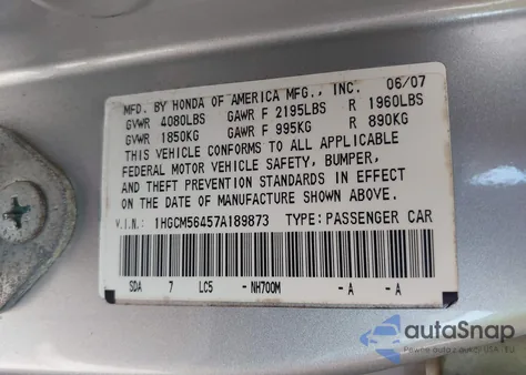 2007 Honda Accord 2.4 Lx из США, поврежденный, VIN 1HGCM56457A189873